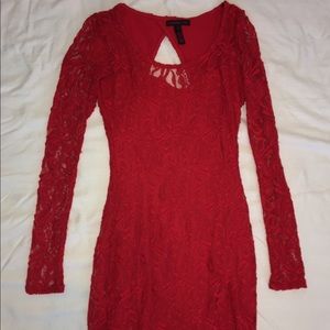 Red Lace, Long Sleeve Dress with Open Back